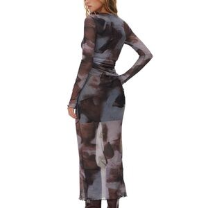 Commense Mesh Maxi Dress XS Brown Gray Ruched Long Sleeve Sheer Bodycon